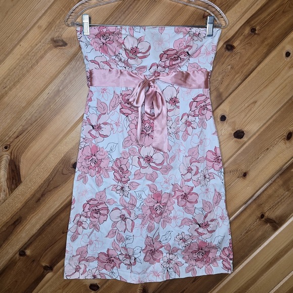 Sequin Hearts 00s Strapless Mini Dress Satin Tie Floral White Pink Glam Sz 5(XS) - Picture 1 of 6